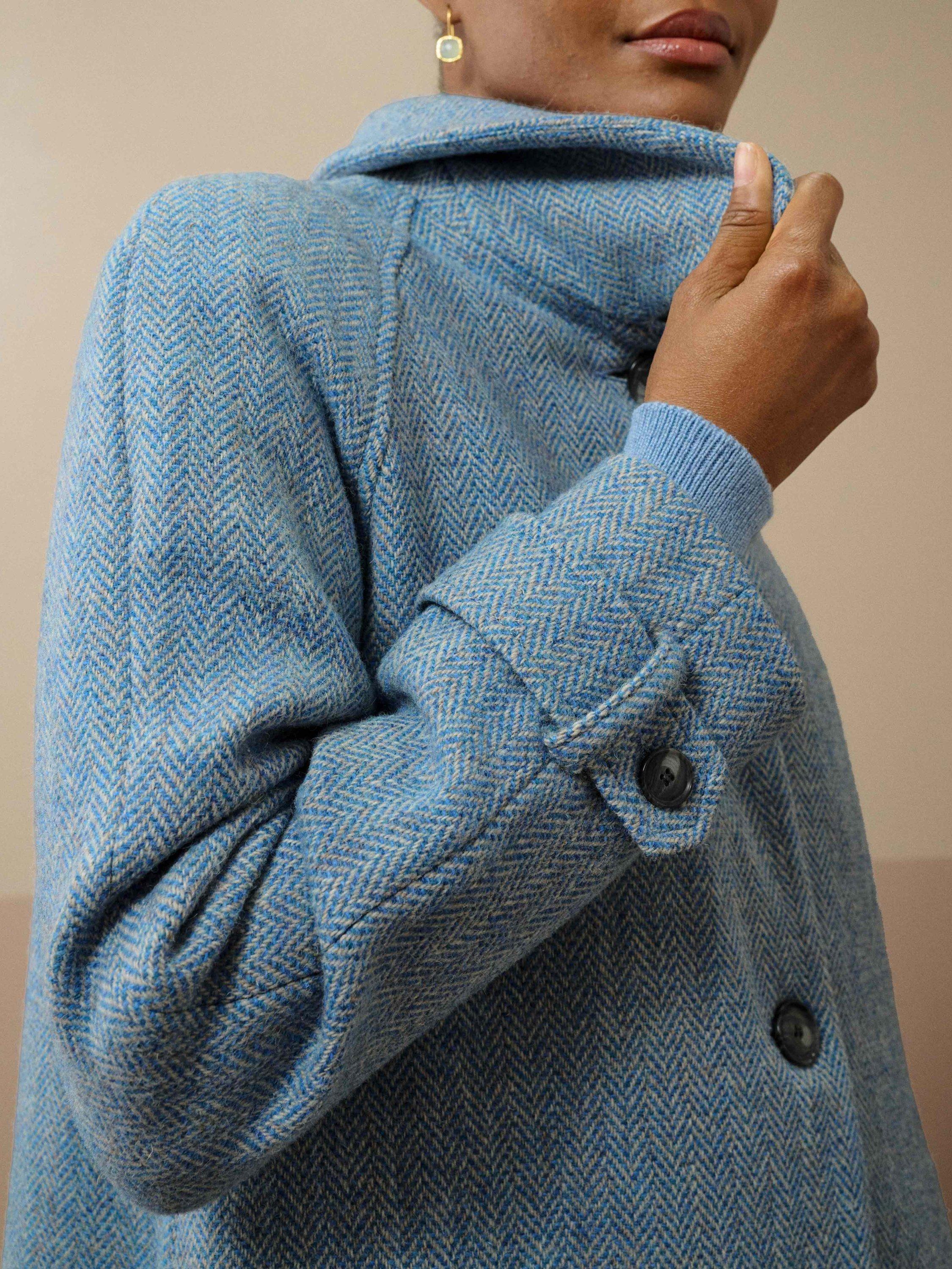 Product image 3 of 5, which shows Brora Harris Tweed Herringbone Pure Wool Coat, Sky, 12
