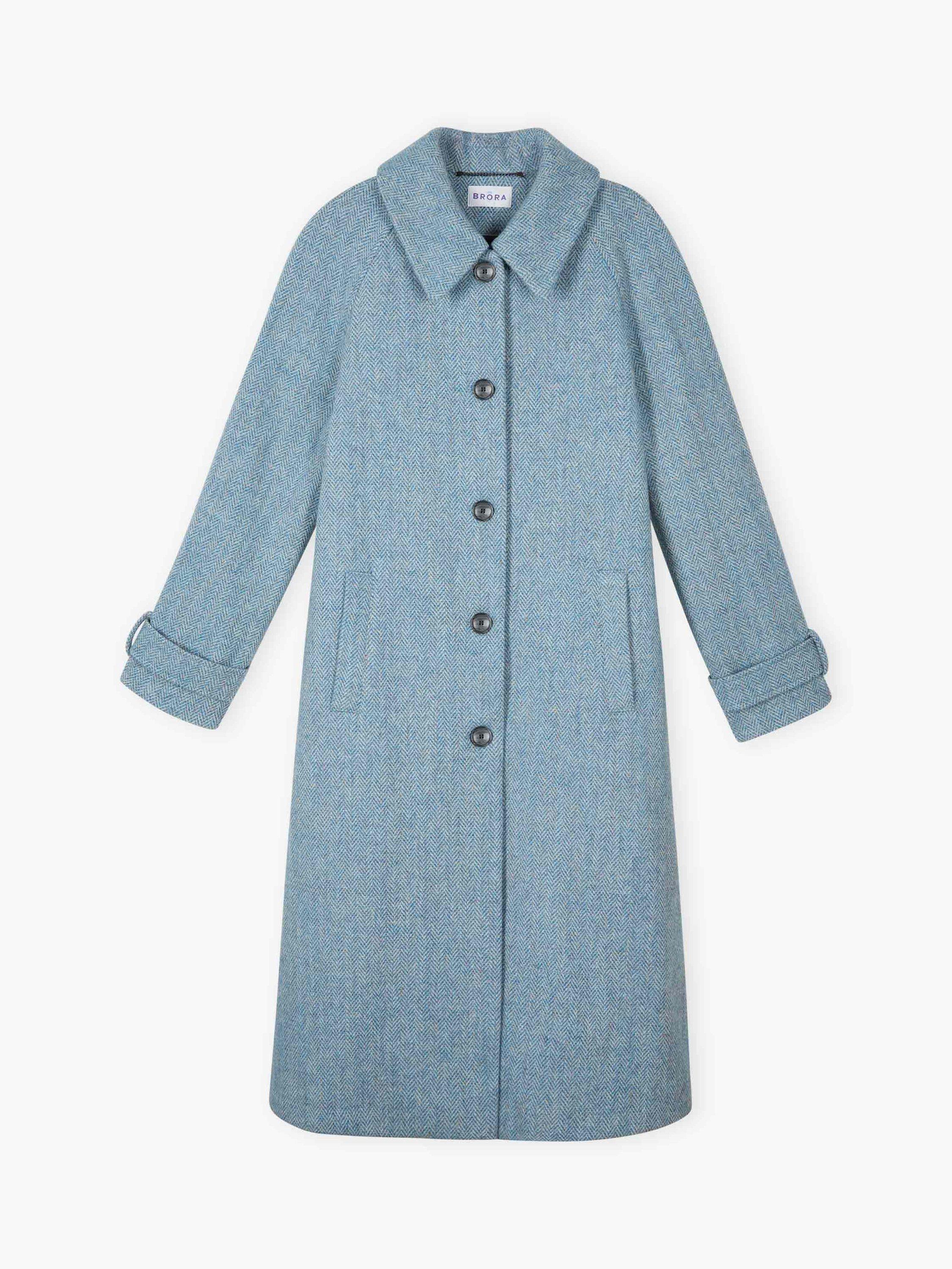 Product image 5 of 5, which shows Brora Harris Tweed Herringbone Pure Wool Coat, Sky, 12
