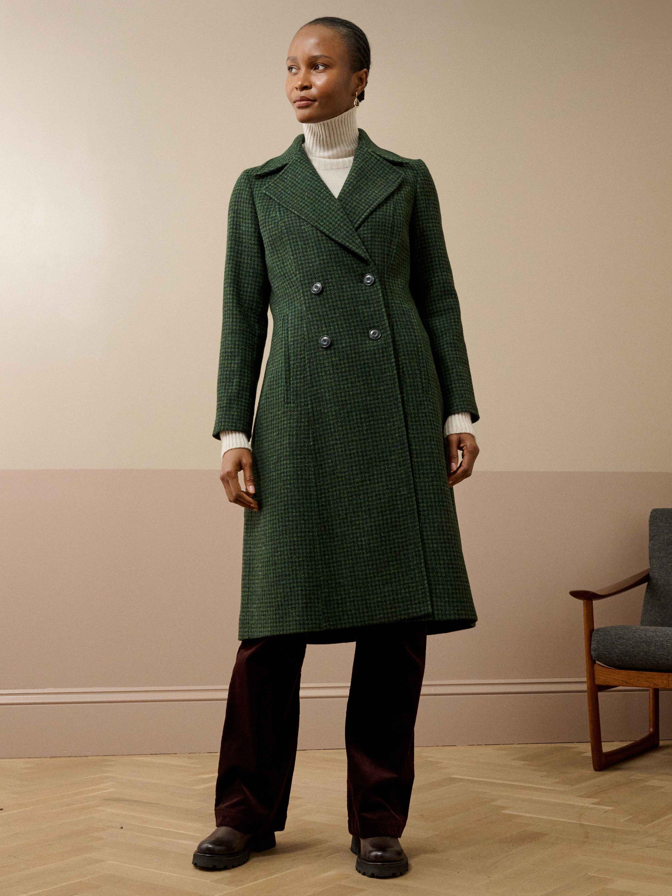 Product image 1 of 5, which shows Brora Double Breasted Houndstooth Wool Overcoat, Navy/Pine, 12