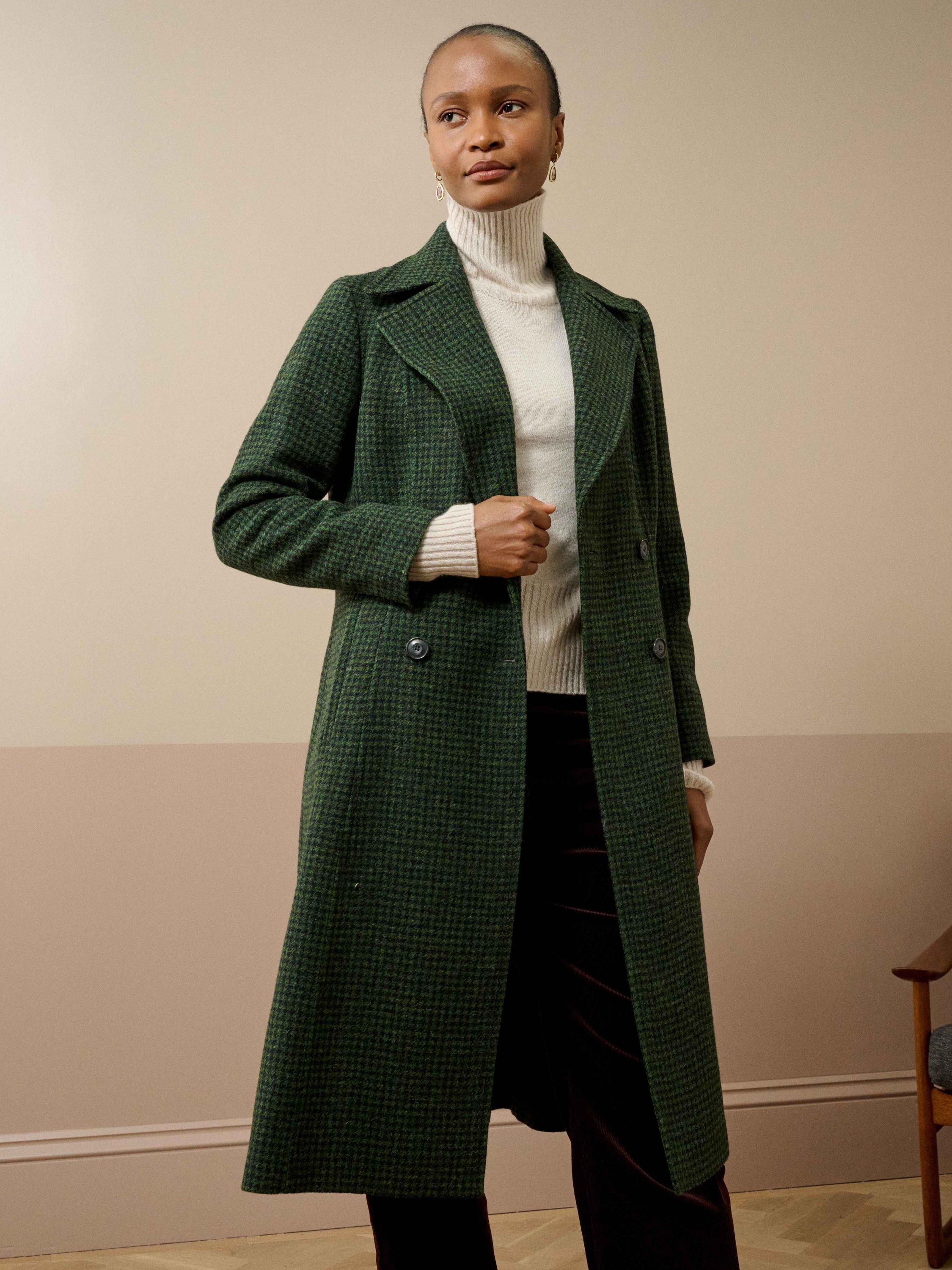 Product image 2 of 5, which shows Brora Double Breasted Houndstooth Wool Overcoat, Navy/Pine, 12
