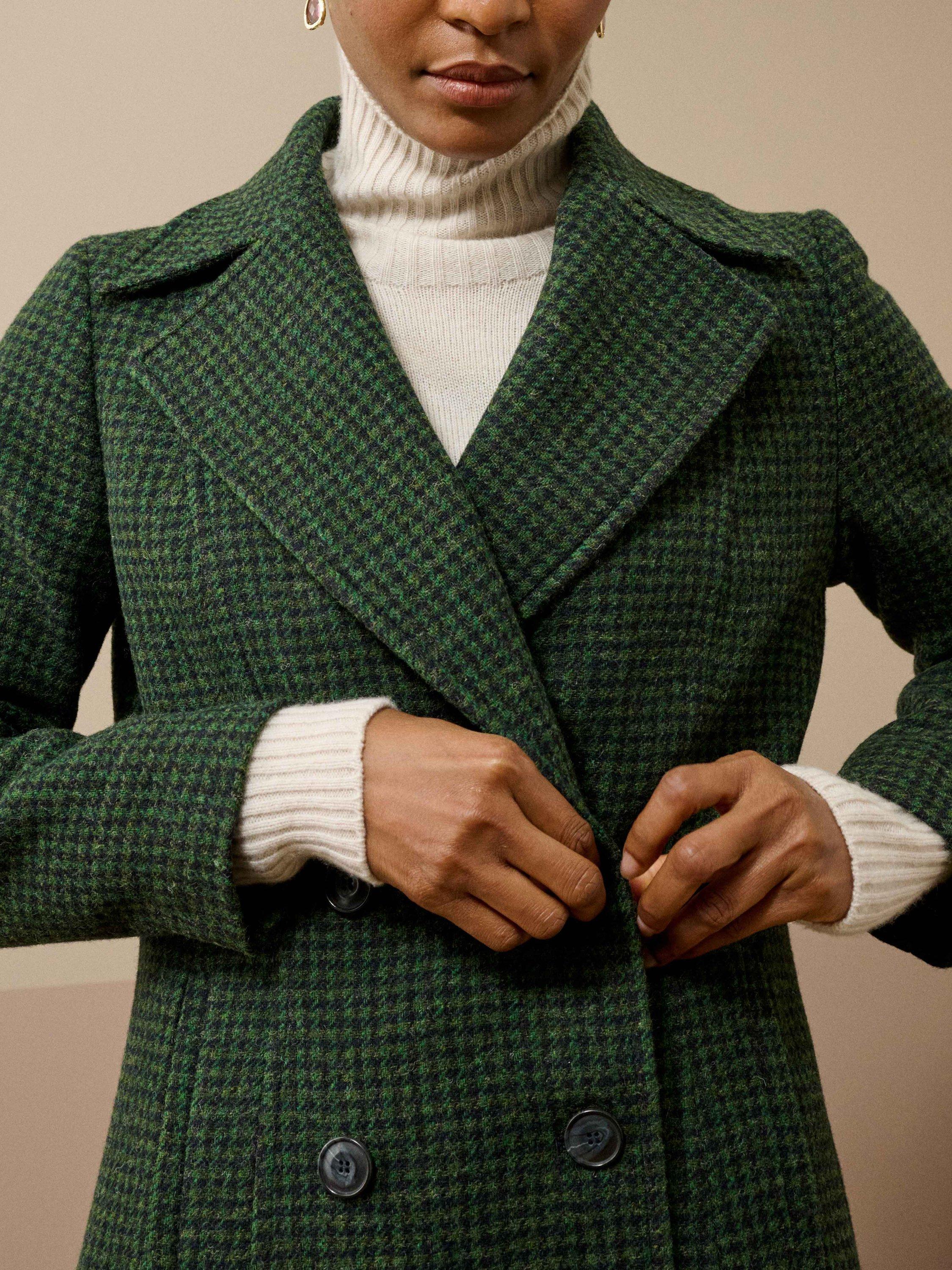 Product image 3 of 5, which shows Brora Double Breasted Houndstooth Wool Overcoat, Navy/Pine, 12