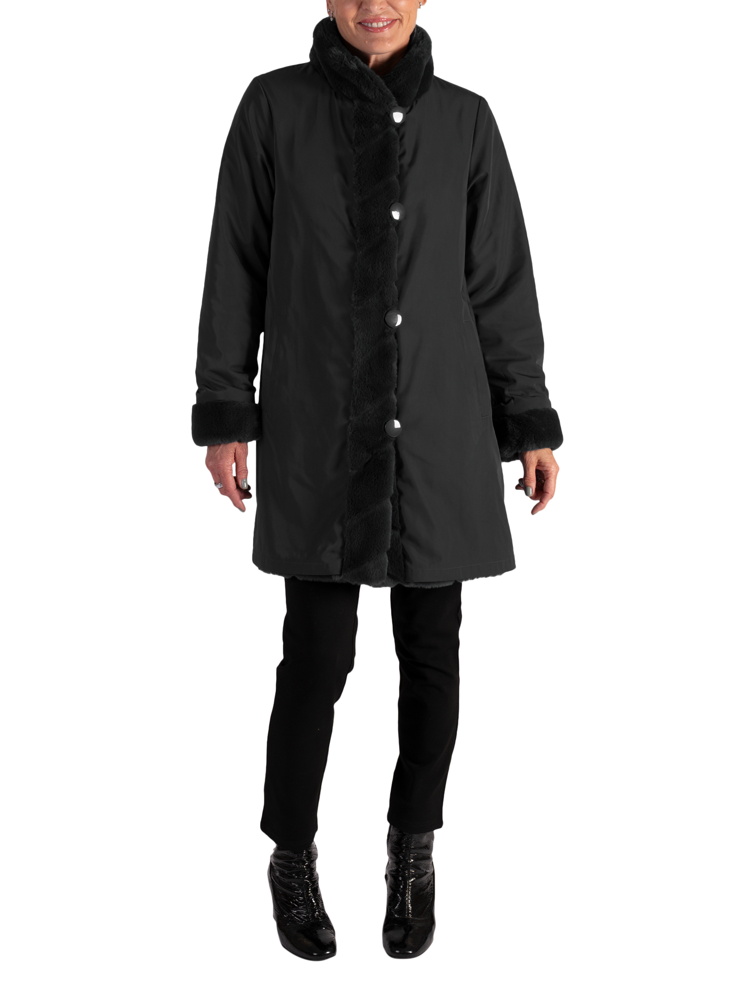 Product image 1 of 8, which shows chesca Reverseible Faux Fur Coat, Black, 10-12