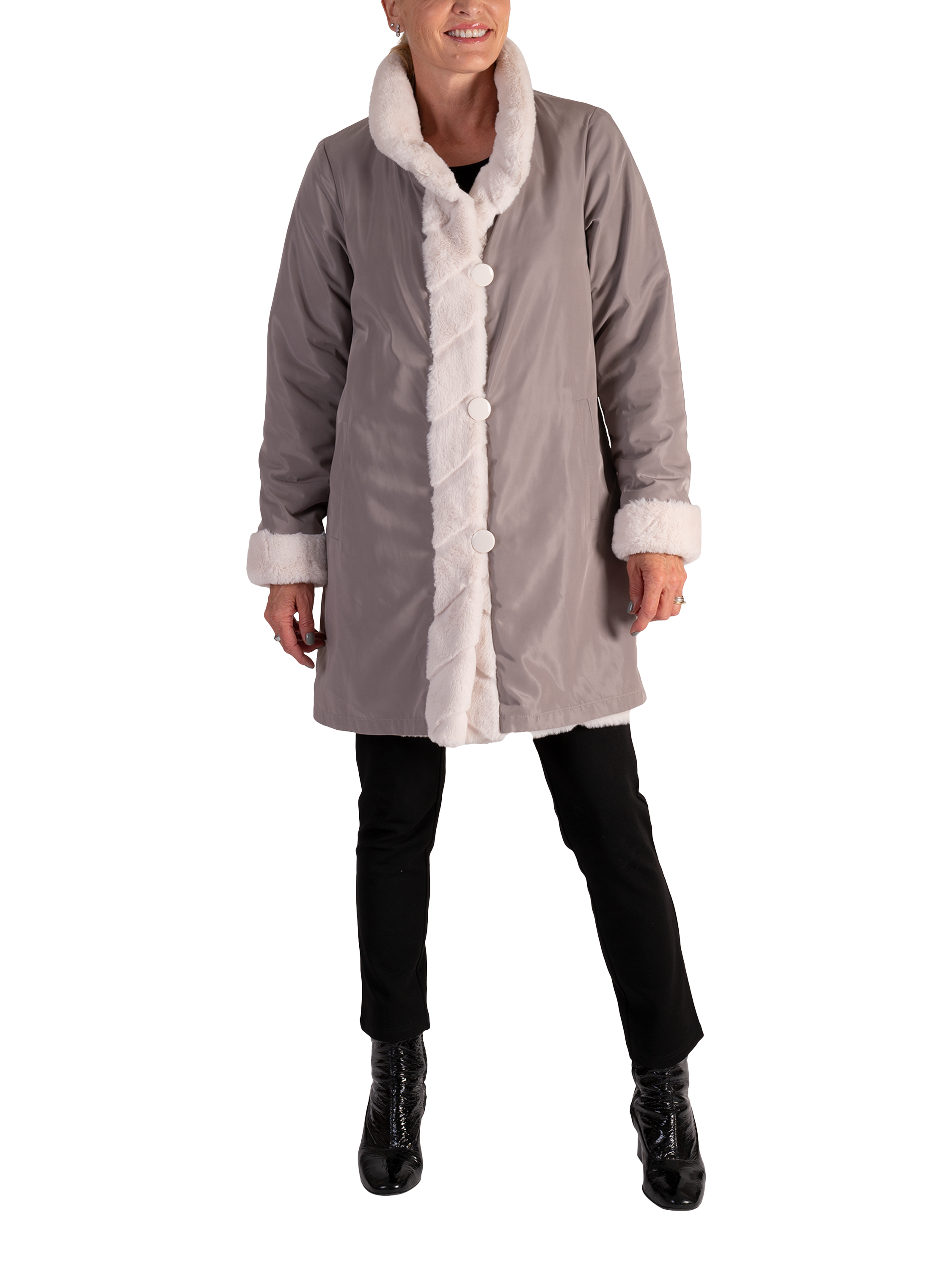 Product image 1 of 9, which shows chesca Reverseible Faux Fur Coat, Ecru, 10-12