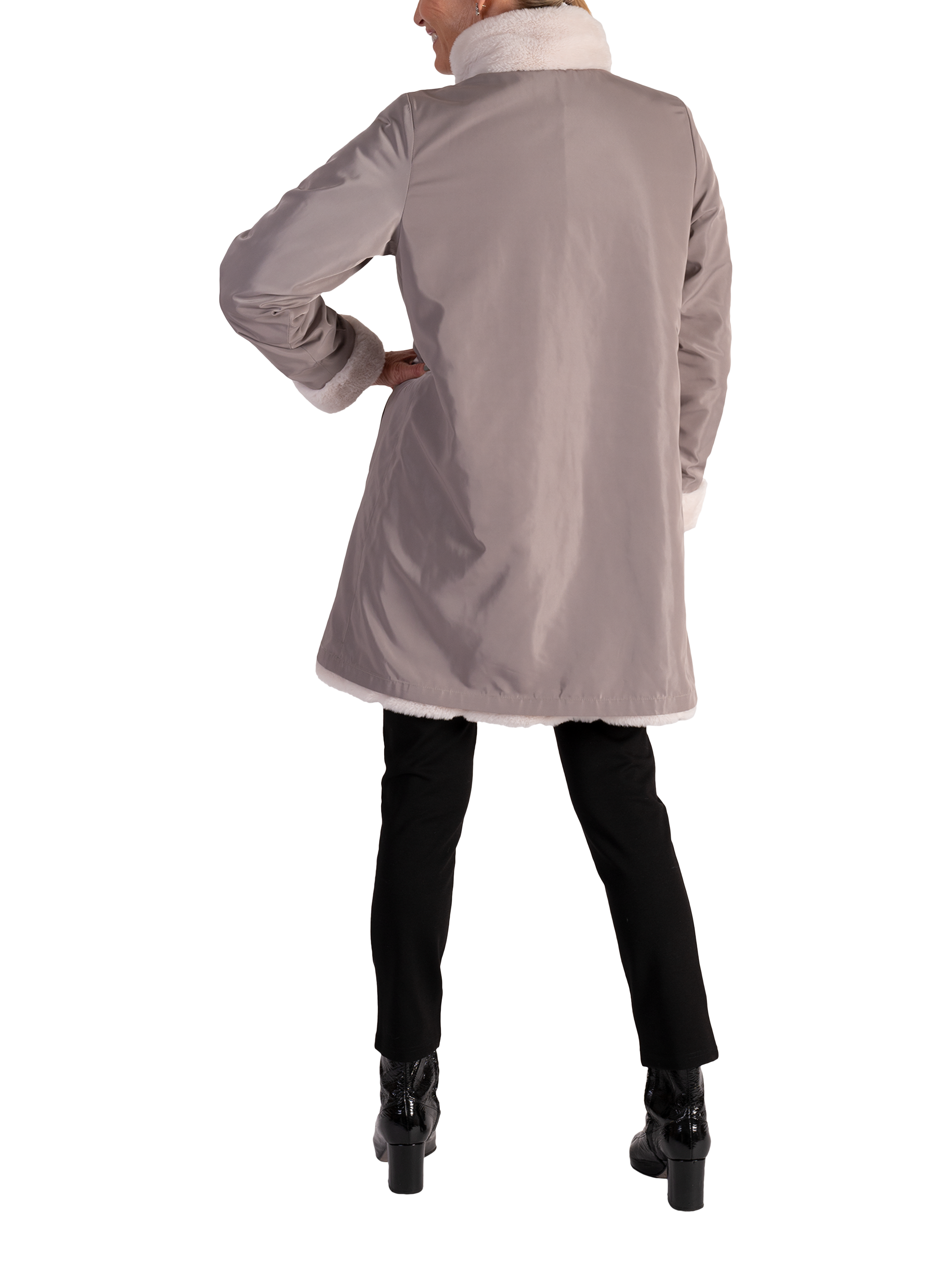 Product image 2 of 9, which shows chesca Reverseible Faux Fur Coat, Ecru, 10-12