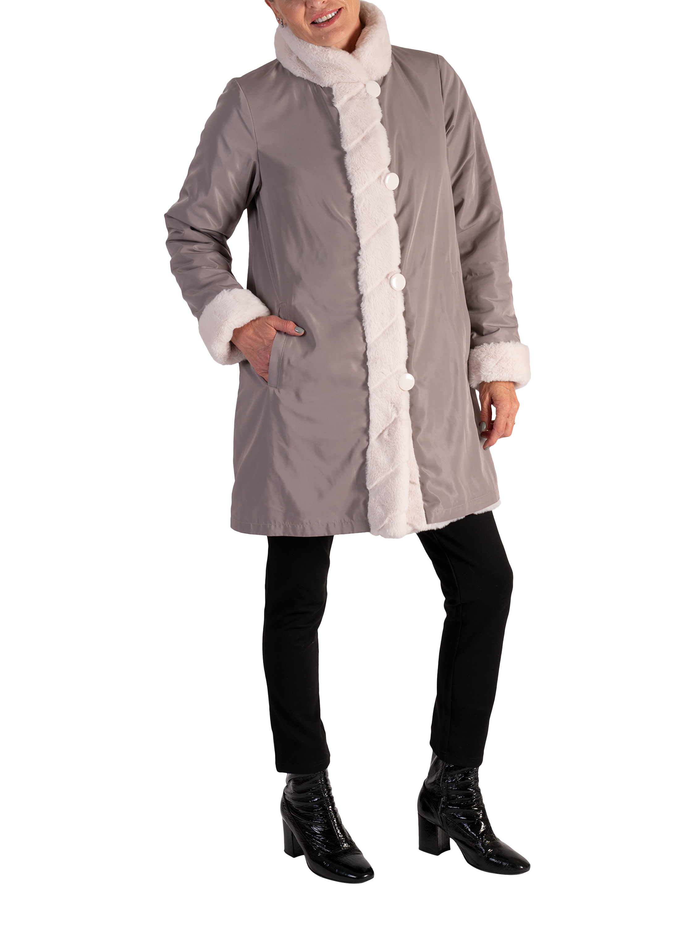 Product image 3 of 9, which shows chesca Reverseible Faux Fur Coat, Ecru, 10-12