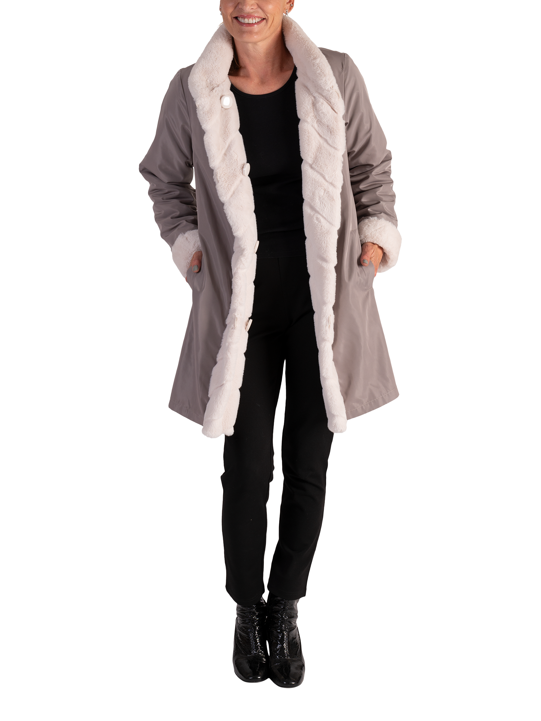Product image 4 of 9, which shows chesca Reverseible Faux Fur Coat, Ecru, 10-12