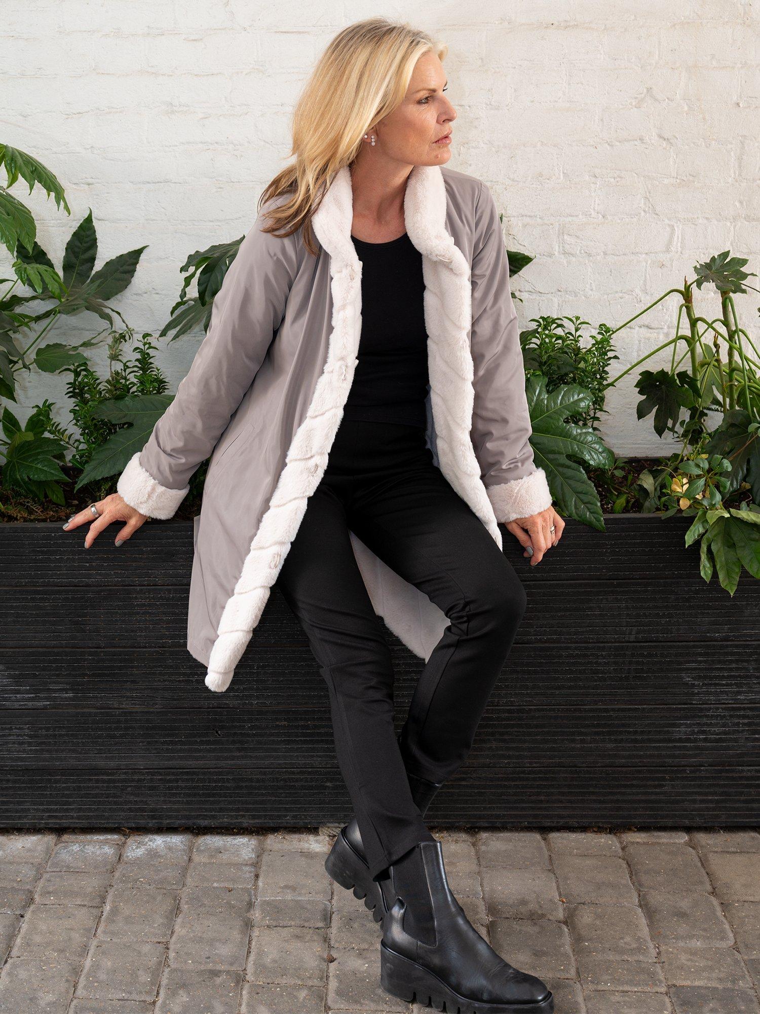 Product image 9 of 9, which shows chesca Reverseible Faux Fur Coat, Ecru, 10-12