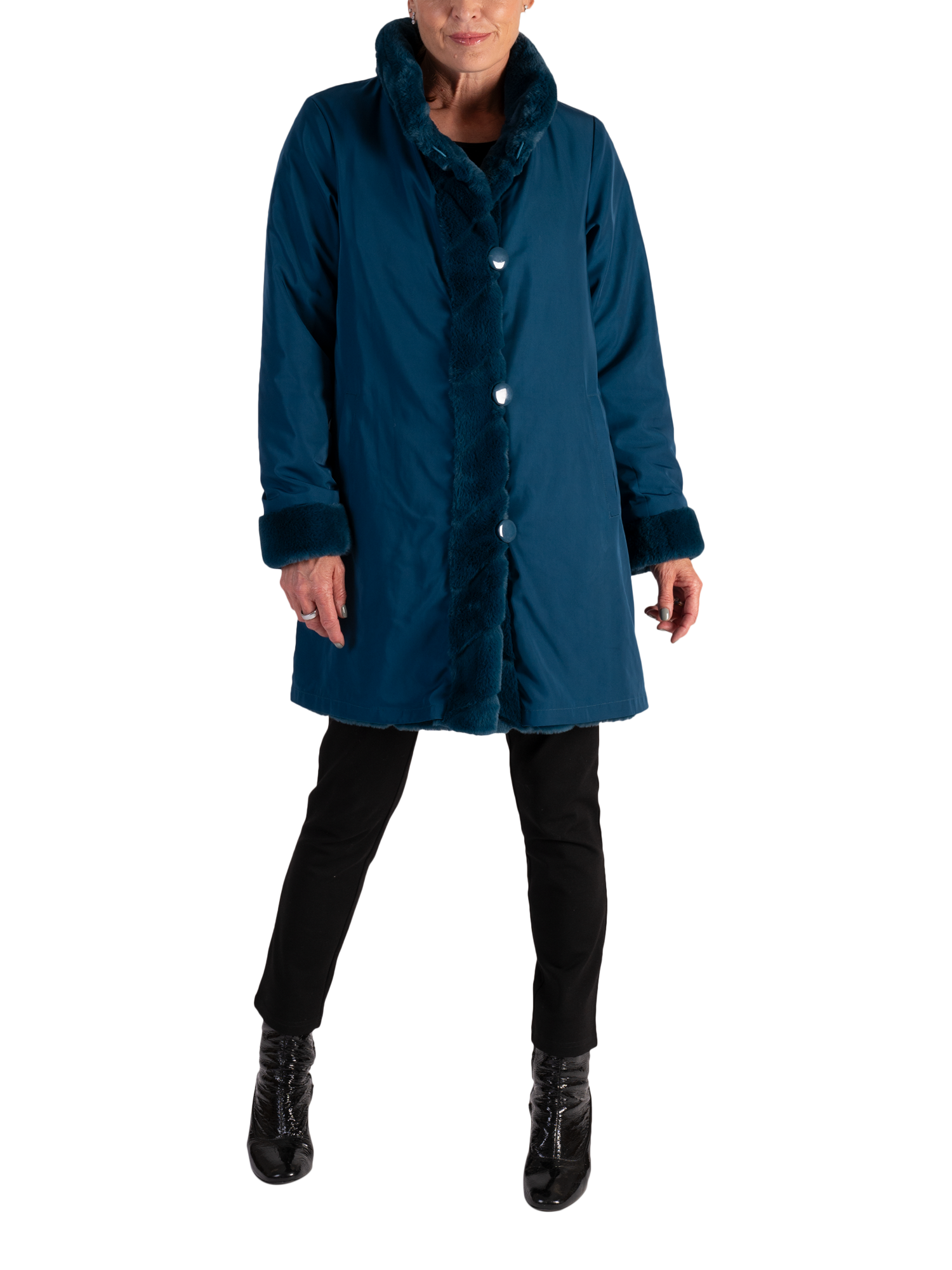 Product image 1 of 9, which shows chesca Reverseible Faux Fur Coat, Teal, 10-12