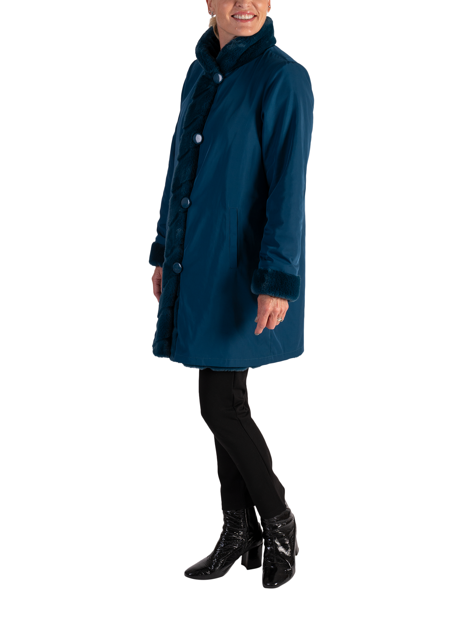 Product image 3 of 9, which shows chesca Reverseible Faux Fur Coat, Teal, 10-12