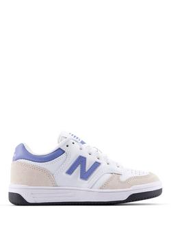 New Balance Kids' 480 Leather Lace Up Trainers, White/Blue, White/Blue