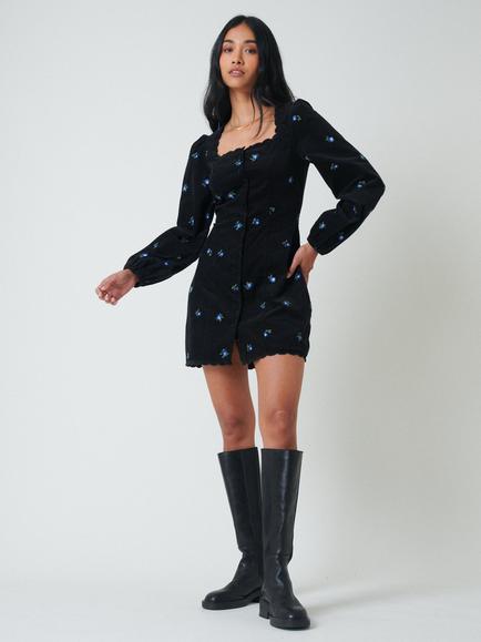 Nobody's Child Memphis Floral Embroidered Corduroy Mini Dress, Black, Black