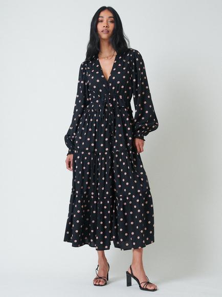 Nobody's Child Petite Sofia Polka Dot Midi Dress containing LENZING™ ECOVERO™ Viscose, Black/Pink, Black/Pink