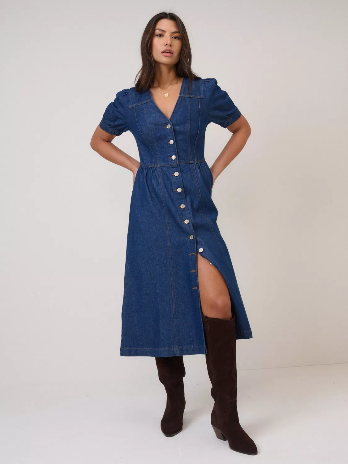 white christmas dresses Blue Denim Puff Sleeve Sienna Midi Dress main image 0