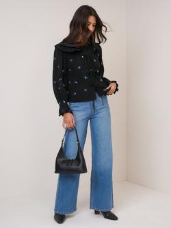 Nobody's Child Jolie Tie Front Embroidered Floral Blouse, Black, Black