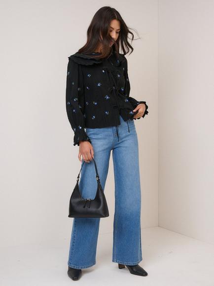 Nobody's Child Jolie Tie Front Embroidered Floral Blouse, Black, Black
