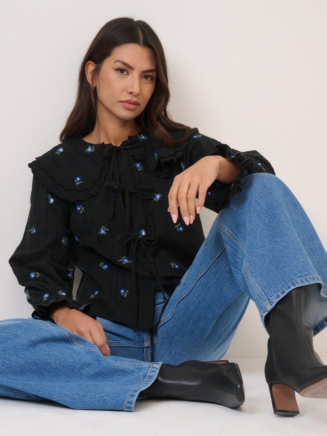 Nobody's Child Jolie Tie Front Embroidered Floral Blouse, Black