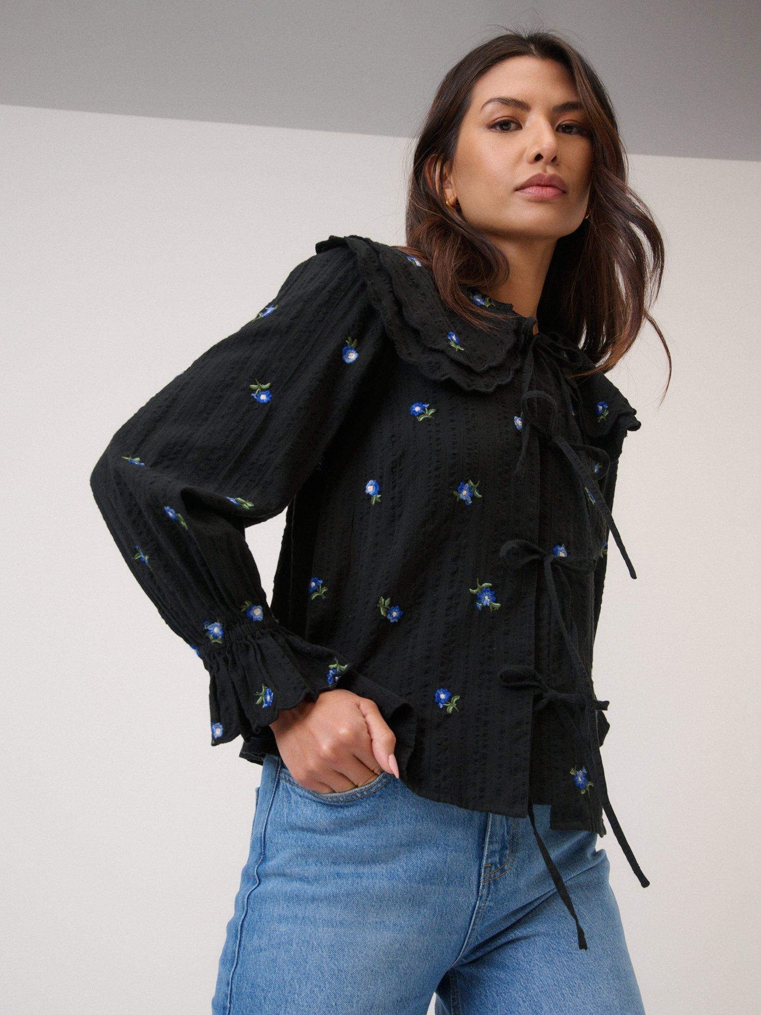 Nobody's Child Jolie Tie Front Embroidered Floral Blouse, Black