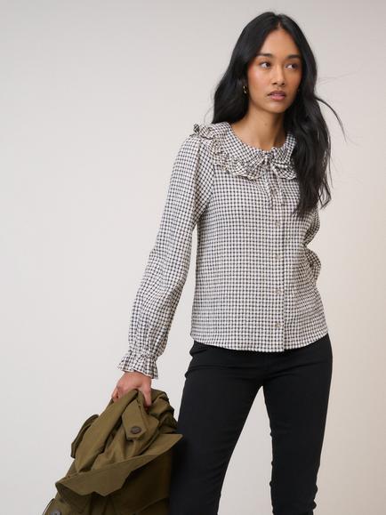 Nobody's Child Lawrence Ruffle Collar Check Blouse containing LENZING™ ECOVERO™ Viscose, White, White
