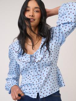 Nobody's Child Tommie Satin Long Sleeve Polka Dot Top, Blue/Brown, Blue/Brown