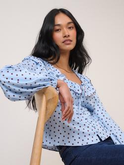 Nobody's Child Tommie Satin Long Sleeve Polka Dot Top, Blue/Brown - view 2, Blue/Brown