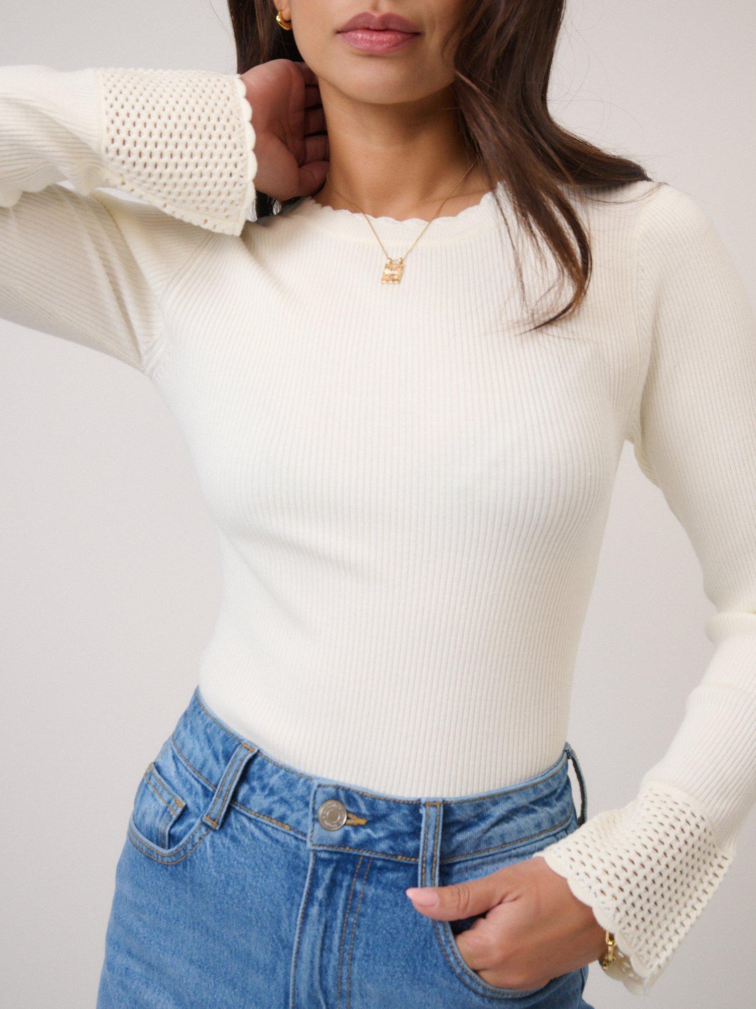 Product image 3 of 5, which shows Nobody's Child Crochet Cuff Top containing LENZING™ ECOVERO™ Viscose, White, XS