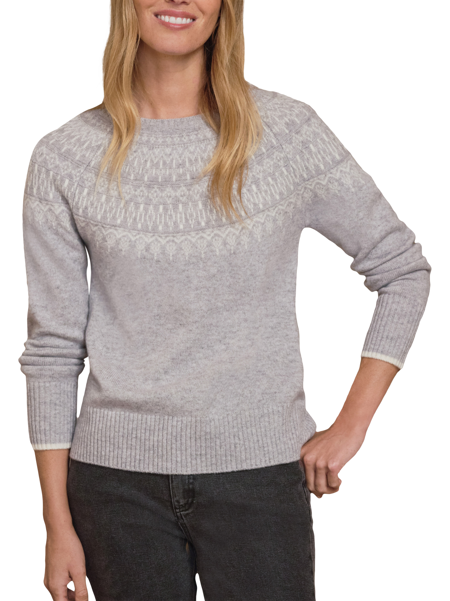 Product image 1 of 3, which shows Pure Collection Fair Isle Yoke Wool Rich Jumper, Grey, 8