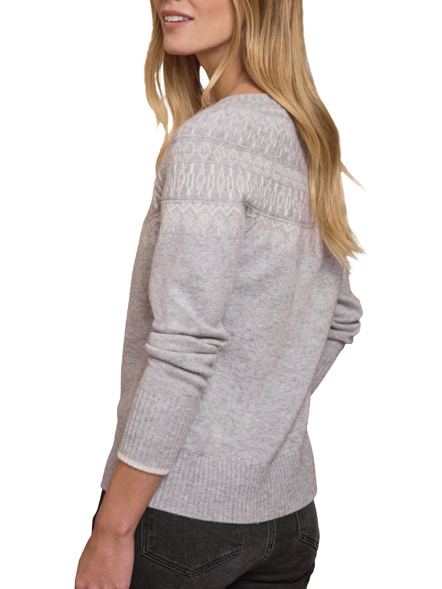 Product image 2 of 3, which shows Pure Collection Fair Isle Yoke Wool Rich Jumper, Grey, 8