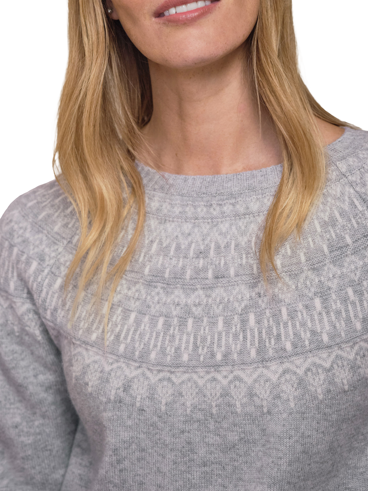 Product image 3 of 3, which shows Pure Collection Fair Isle Yoke Wool Rich Jumper, Grey, 8