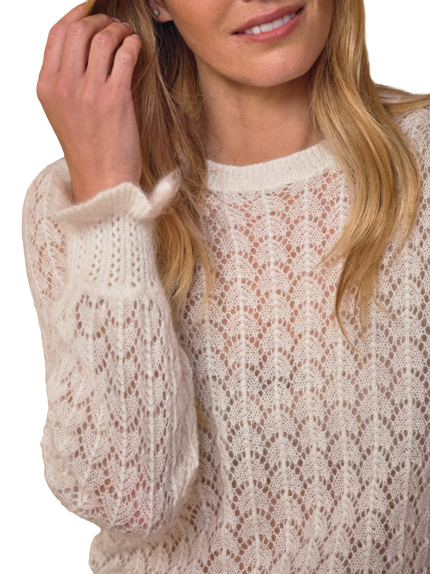 Product image 2 of 2, which shows Pure Collection Lace Wool Blend Jumper, Soft White, 8