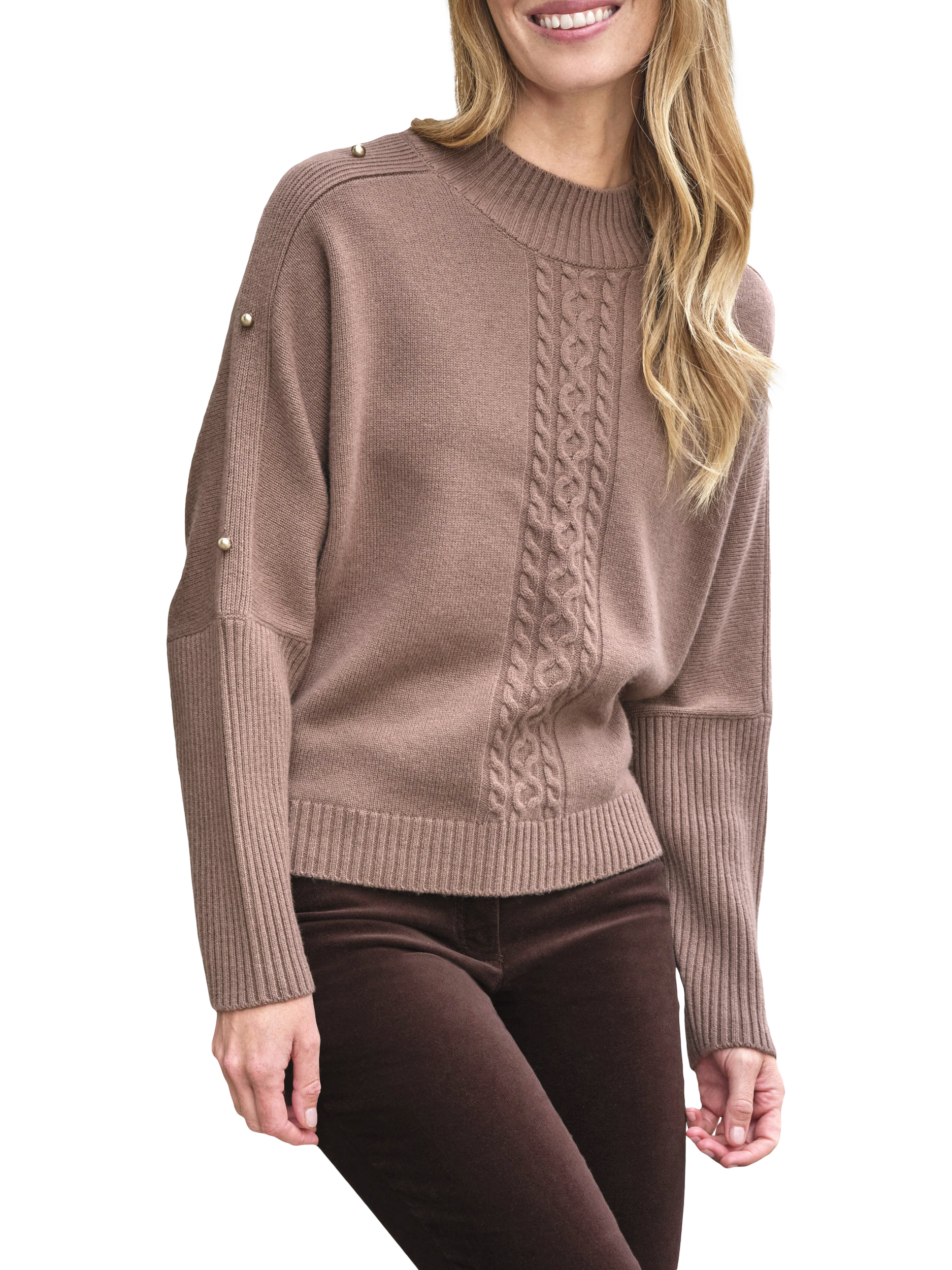 Product image 1 of 3, which shows Pure Collection Button Sleeve Wool Rich Jumper, Heathered Mocha, 8