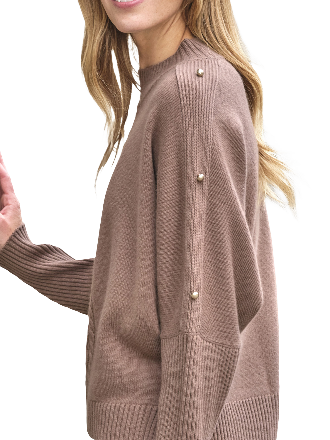 Product image 2 of 3, which shows Pure Collection Button Sleeve Wool Rich Jumper, Heathered Mocha, 8