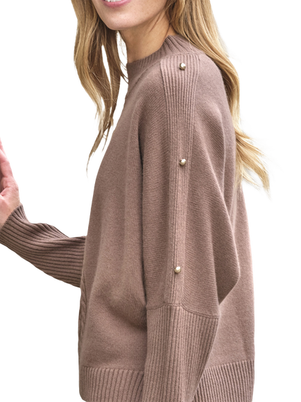 Pure Collection Button Sleeve Wool Rich Jumper, Heathered Mocha - view 2, Heathered Mocha