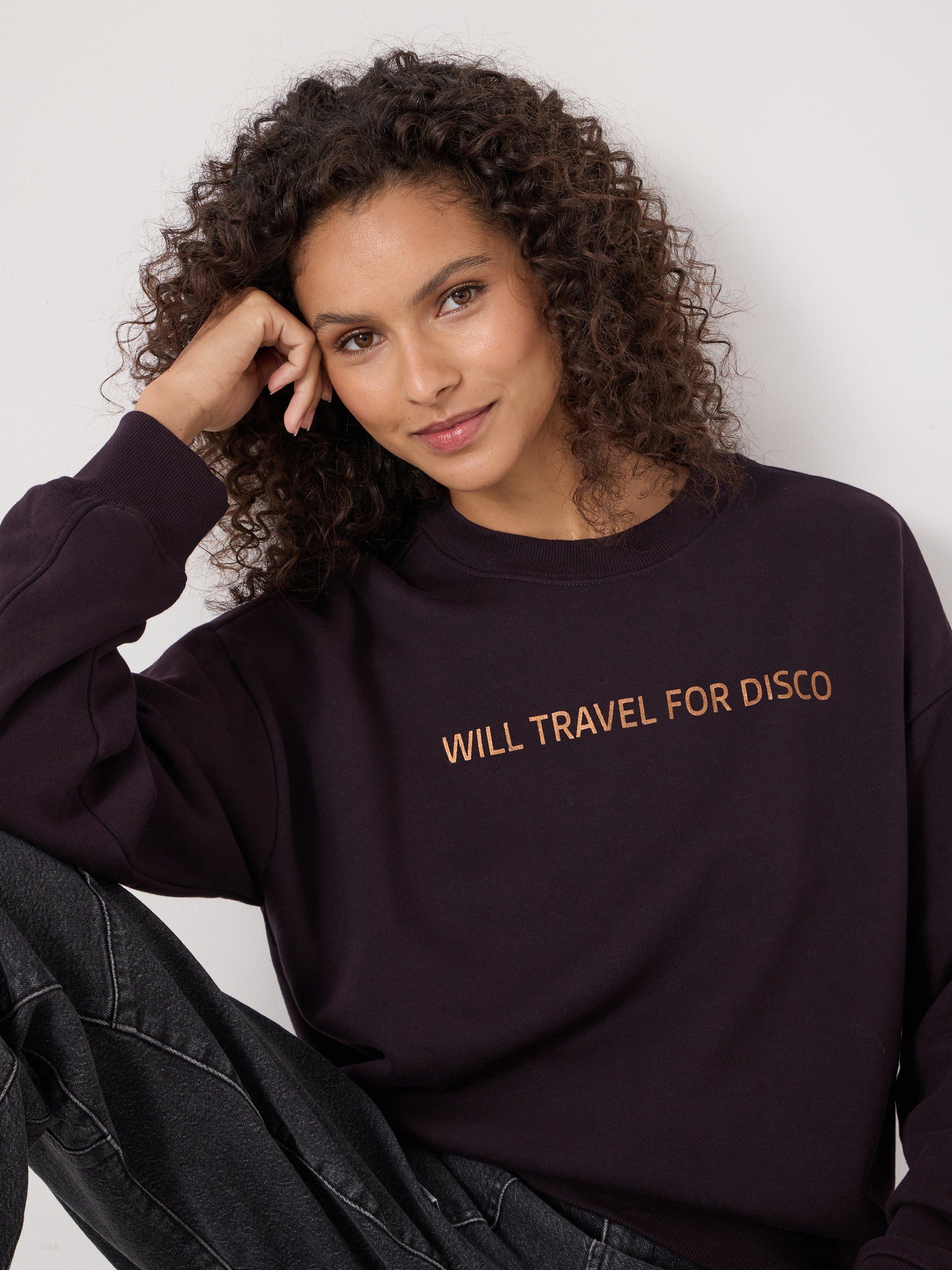 Product image 2 of 5, which shows HUSH Will Travel For Disco Sweatshirt, Plum Purple, L-XL