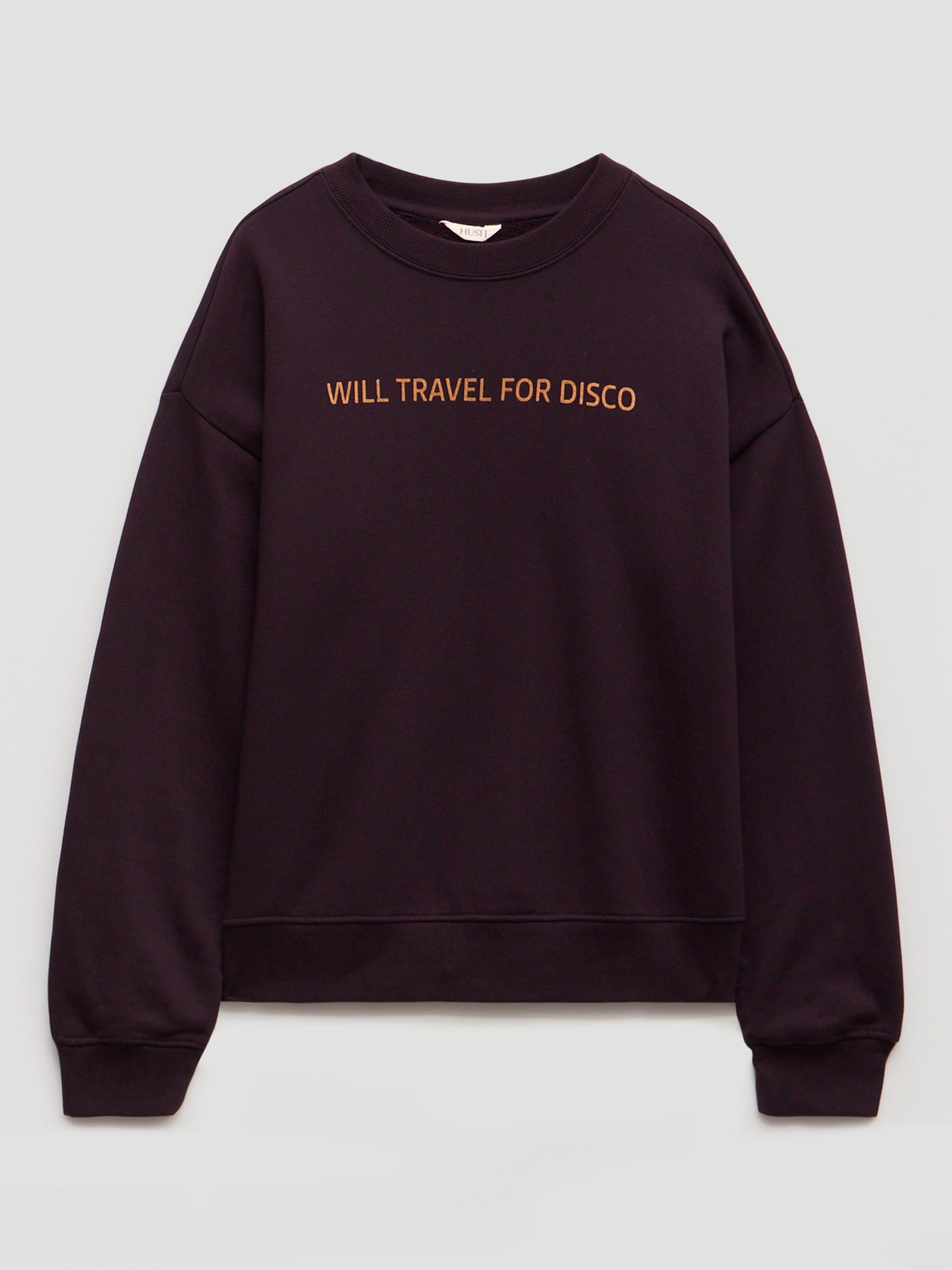 Product image 4 of 5, which shows HUSH Will Travel For Disco Sweatshirt, Plum Purple, L-XL