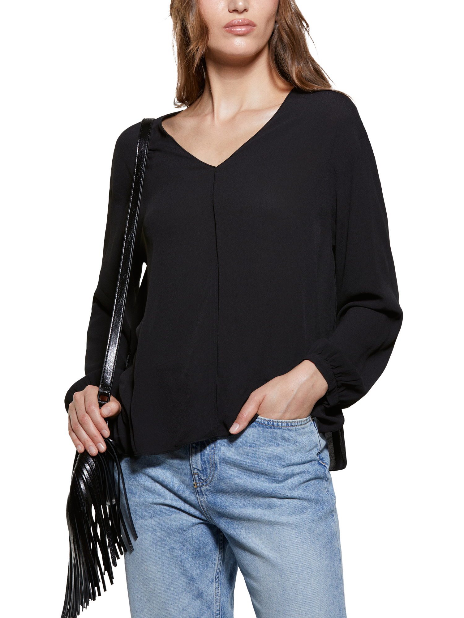 Product image 1 of 3, which shows SISLEY Oversized V-Neck Blouse, Black, XS