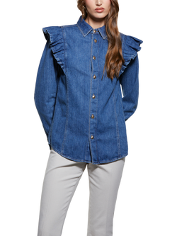 SISLEY Frilled Long Sleeve Cotton Denim Shirt, Dark Blue