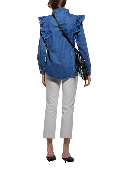 SISLEY Frilled Long Sleeve Cotton Denim Shirt - view 2, Dark Blue