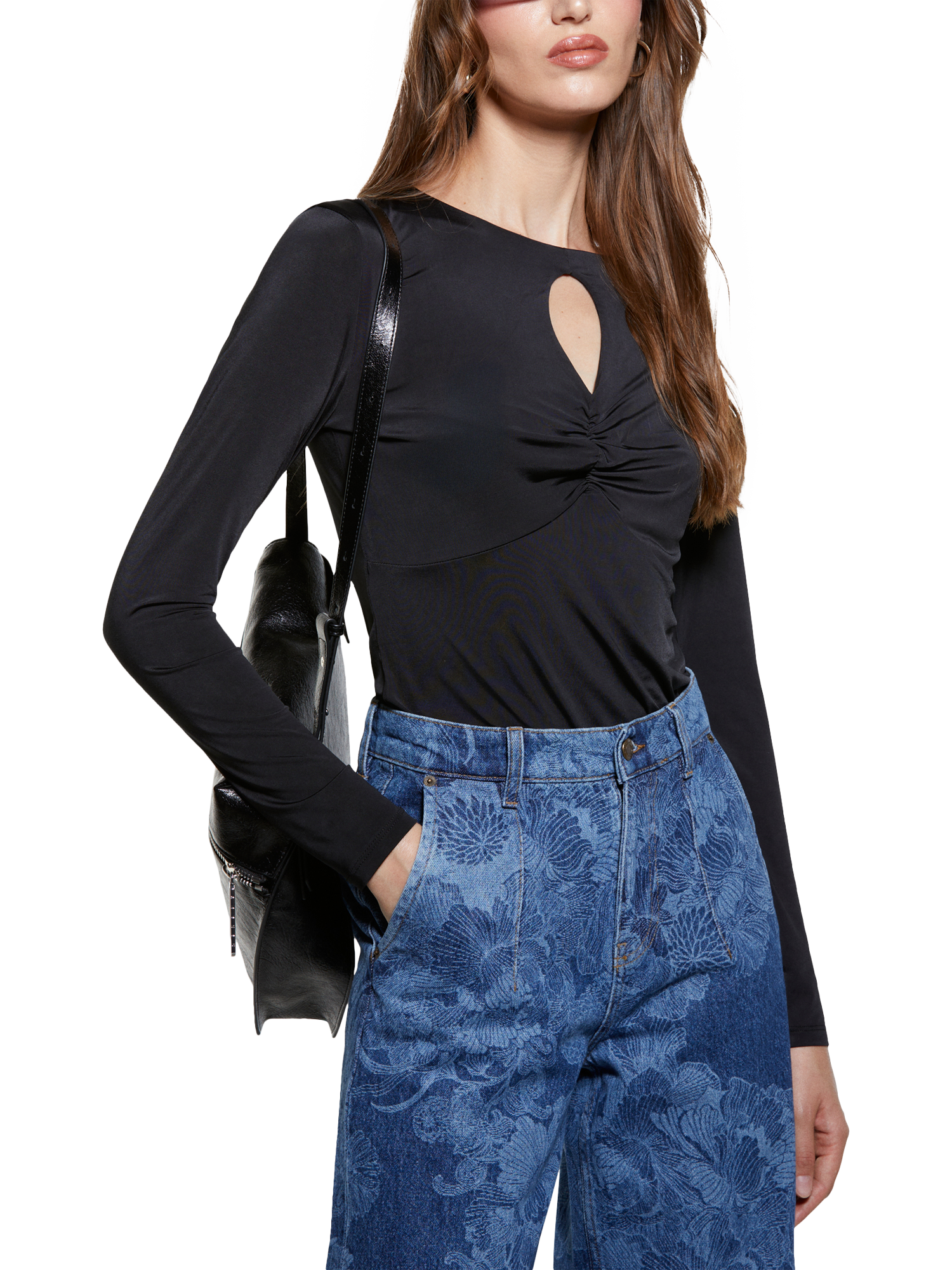 Product image 1 of 4, which shows SISLEY Keyhole Long Sleeve Top, Black, XS