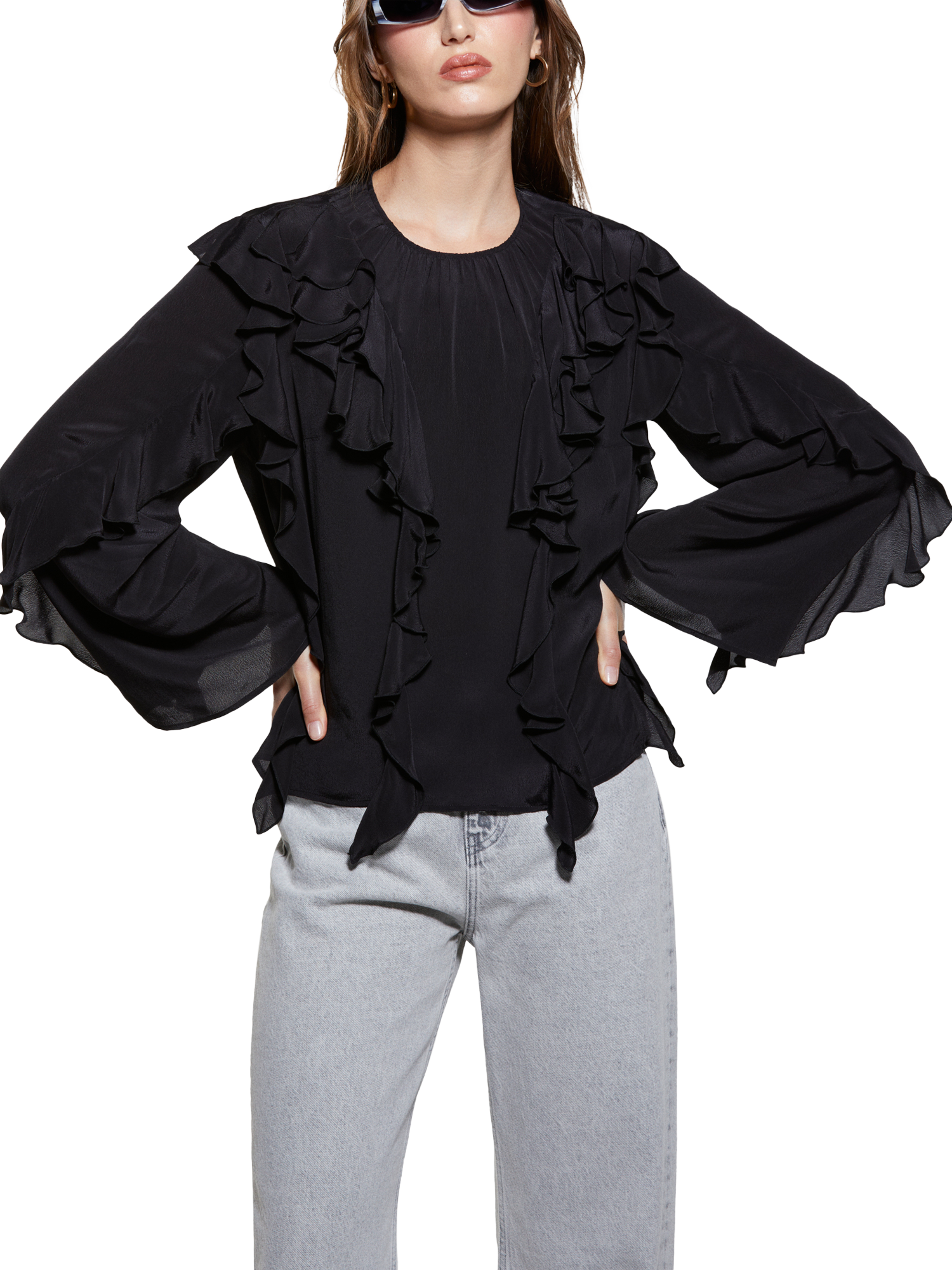 Product image 1 of 3, which shows SISLEY Crew Neck Boho Relaxed Fit Blouse, Black, XS