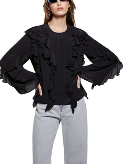 SISLEY Crew Neck Boho Relaxed Fit Blouse, Black