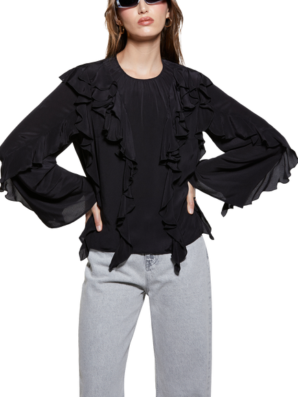 SISLEY Crew Neck Boho Relaxed Fit Blouse, Black