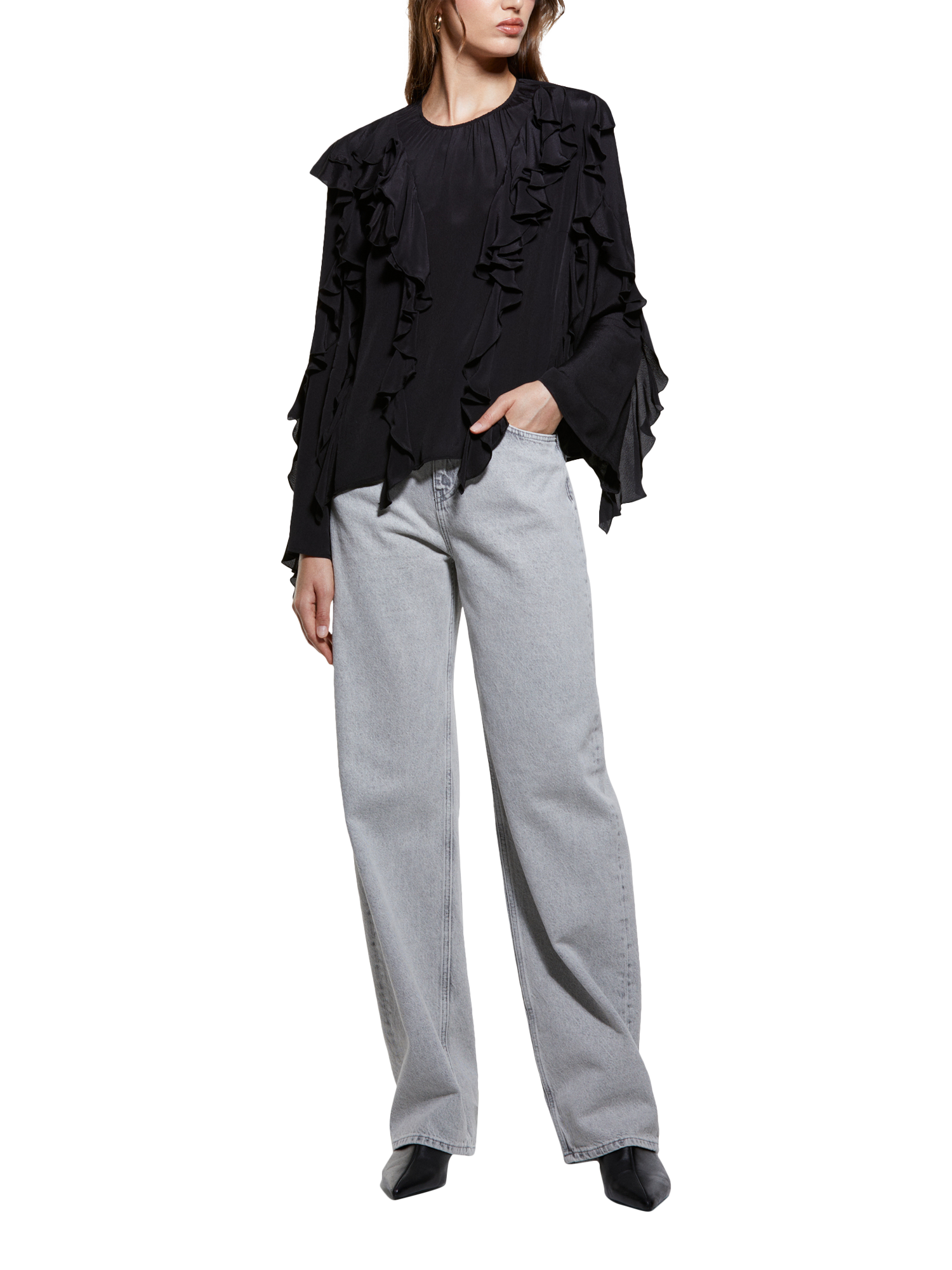 Product image 3 of 3, which shows SISLEY Crew Neck Boho Relaxed Fit Blouse, Black, XS