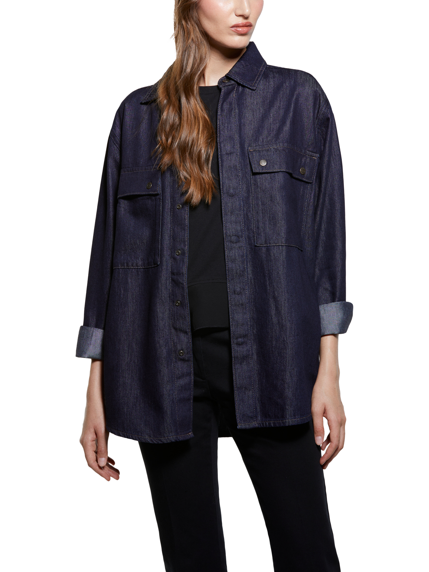 Product image 1 of 4, which shows SISLEY Long Sleeve Cotton Blend Denim Shirt , Dark Blue, S