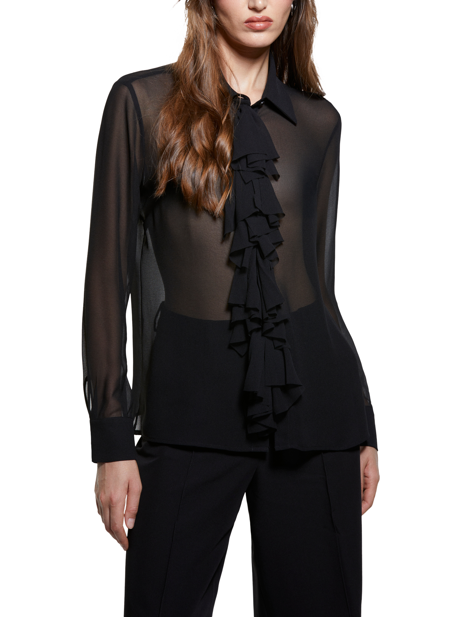 Product image 1 of 3, which shows SISLEY Ruffle Sheer Shirt, Black, XS