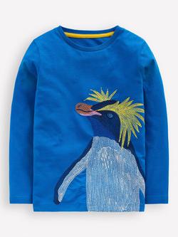 Mini Boden Kids' Cotton Animal Long Sleeve T-Shirt, Blue Penguin