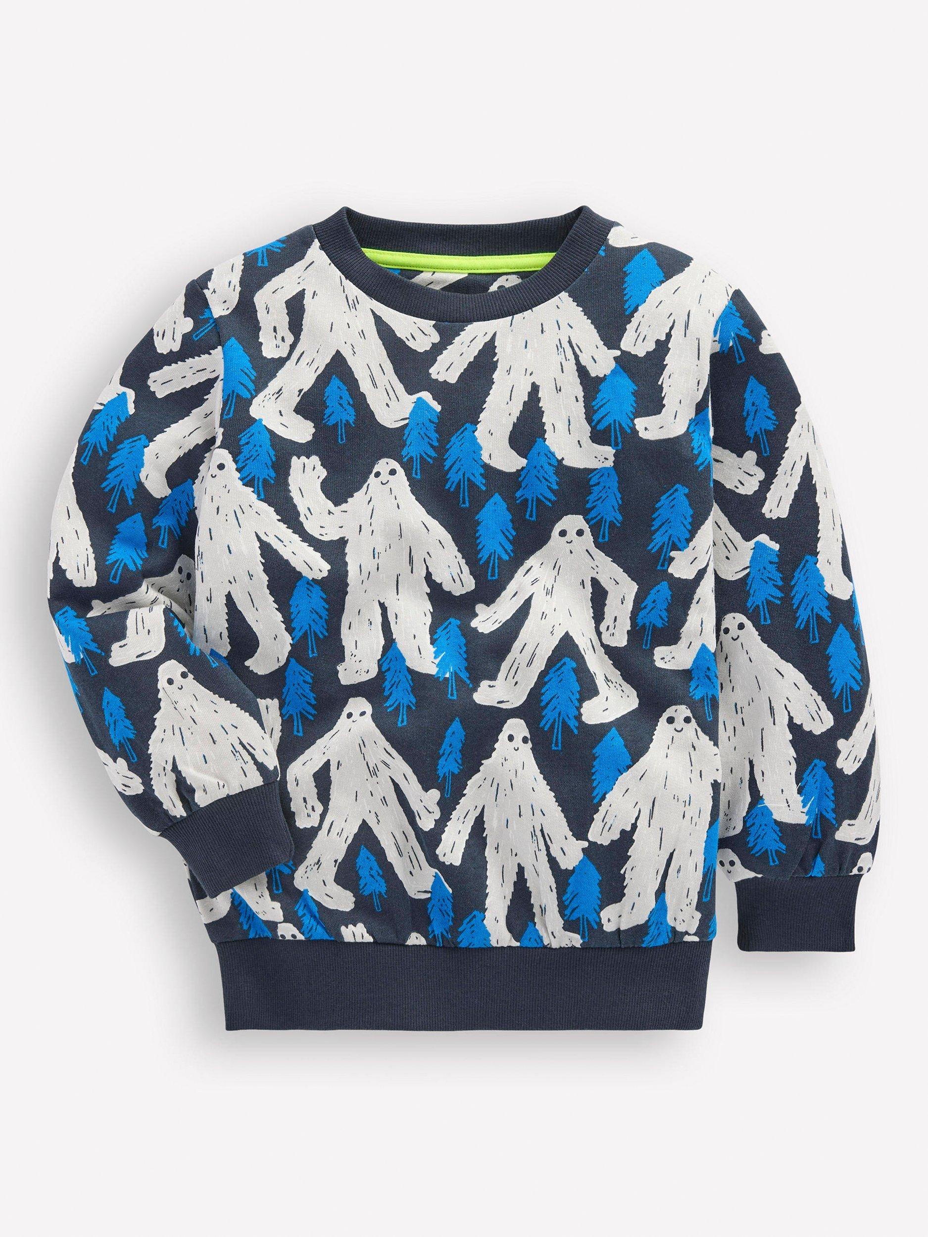 Product image 1 of 3, which shows Mini Boden Kids' Cotton Yeti Print Sweatshirt, Blue Yetti, 3-4 years
