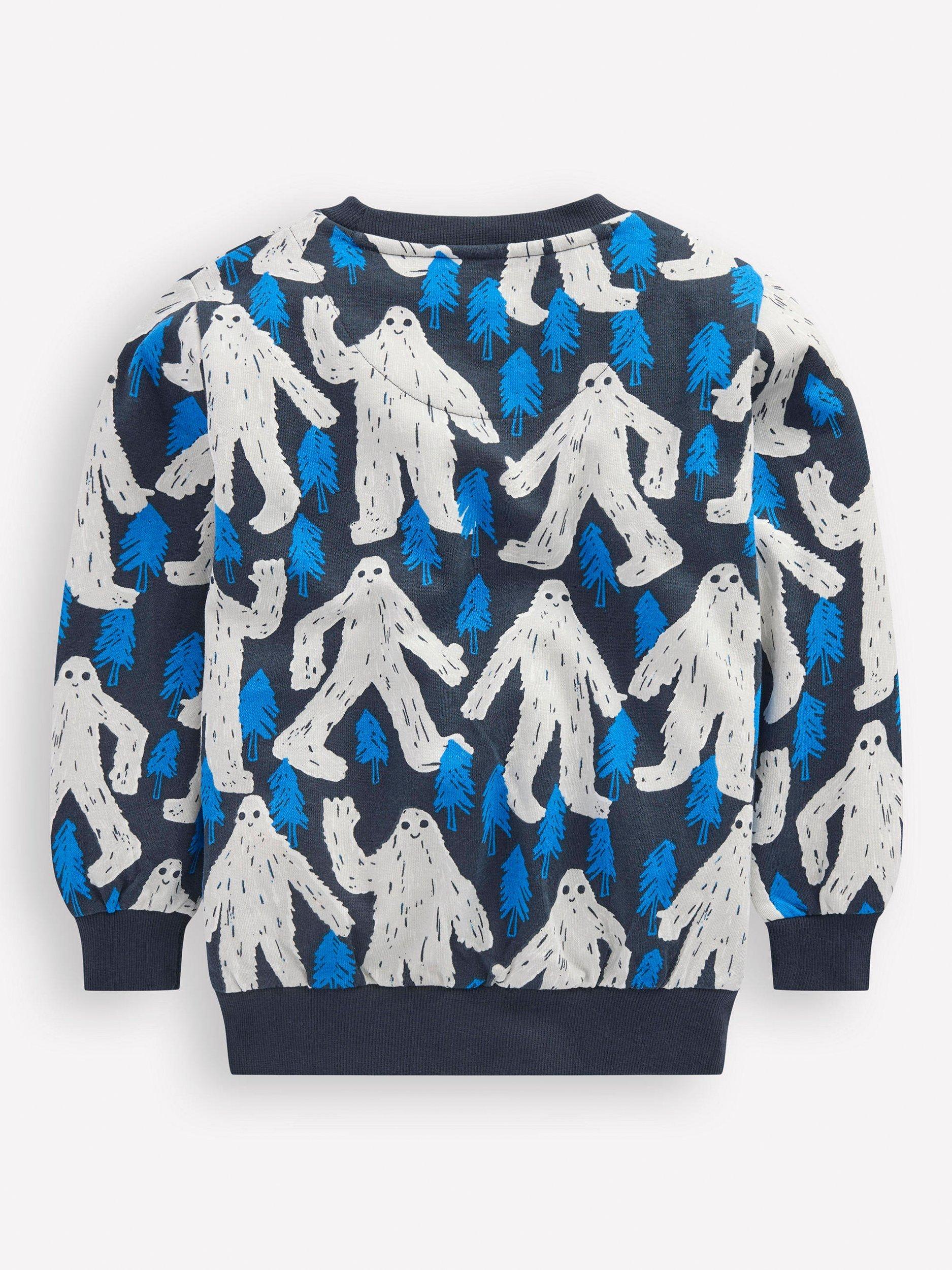 Product image 2 of 3, which shows Mini Boden Kids' Cotton Yeti Print Sweatshirt, Blue Yetti, 3-4 years