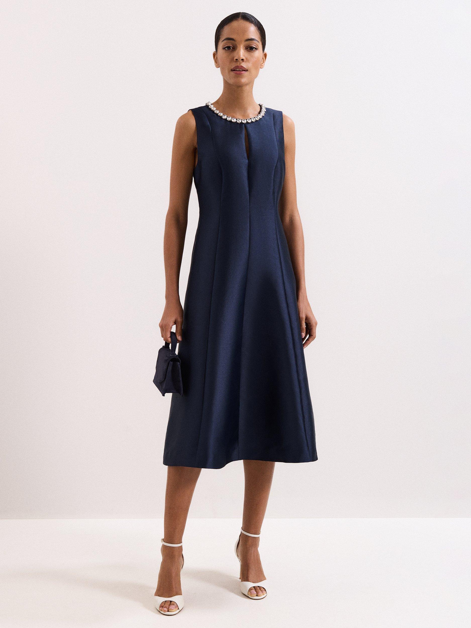 Phase Eight Judy Embellished Neckline Satin Dress, Navy