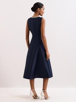 Phase Eight Judy Embellished Neckline Satin Dress, Navy - view 2, Navy
