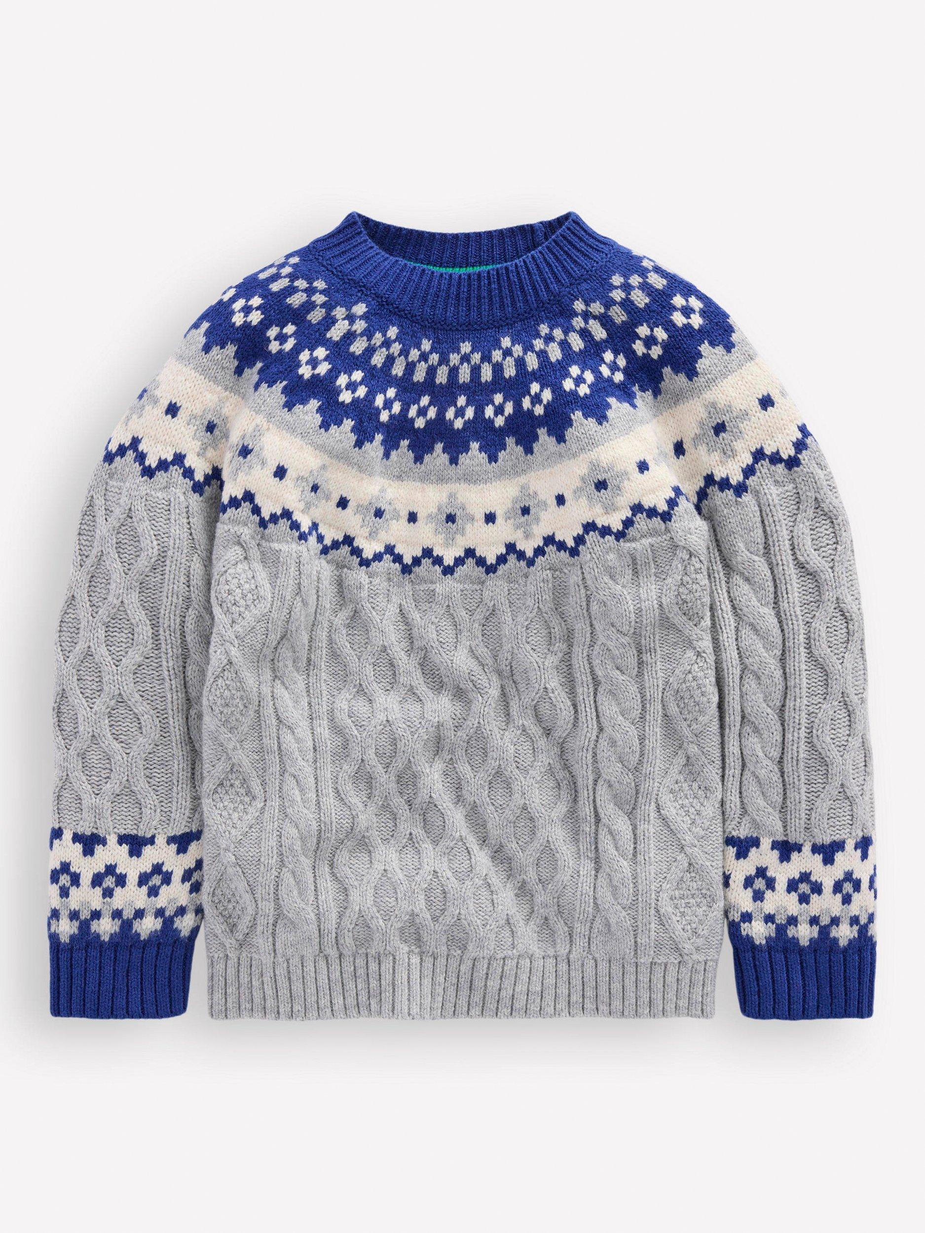 Product image 1 of 3, which shows Mini Boden Kids' Wool Blend Fair Isle Cable Jumper, Grey Marl, 4-5 years